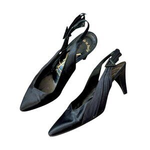 Yves Saint Laurent Vintage 80s Black  Satin Slingback Pumps,  Size 7 1/2